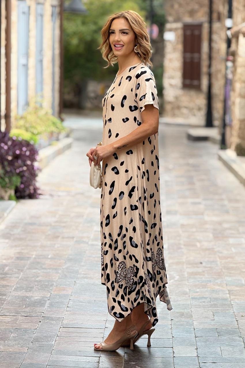Krem Dalmaçyalı Desen Verev Kesim Elbise