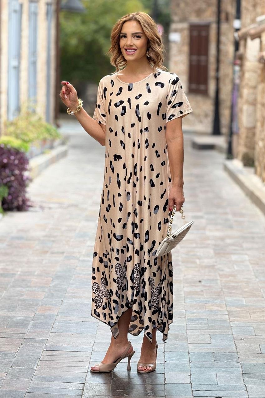 Krem Dalmaçyalı Desen Verev Kesim Elbise