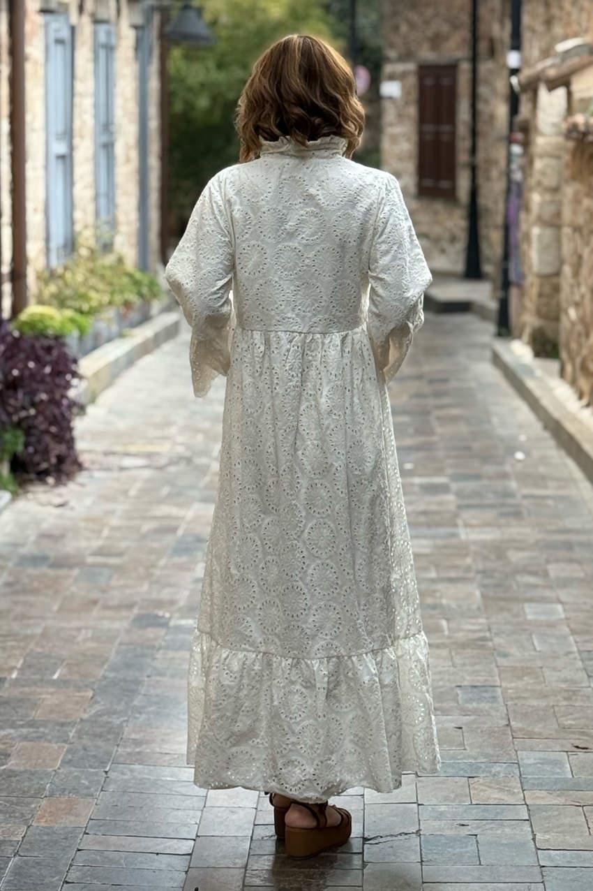 Krem Düşes Fırfırlı Yaka Fistolu Astarlı Elbise