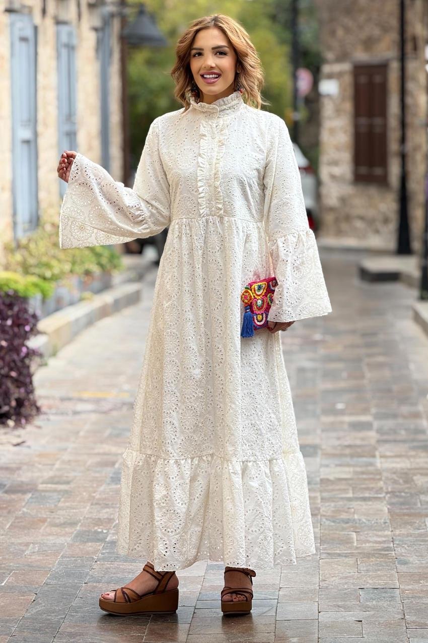 Krem Düşes Fırfırlı Yaka Fistolu Astarlı Elbise