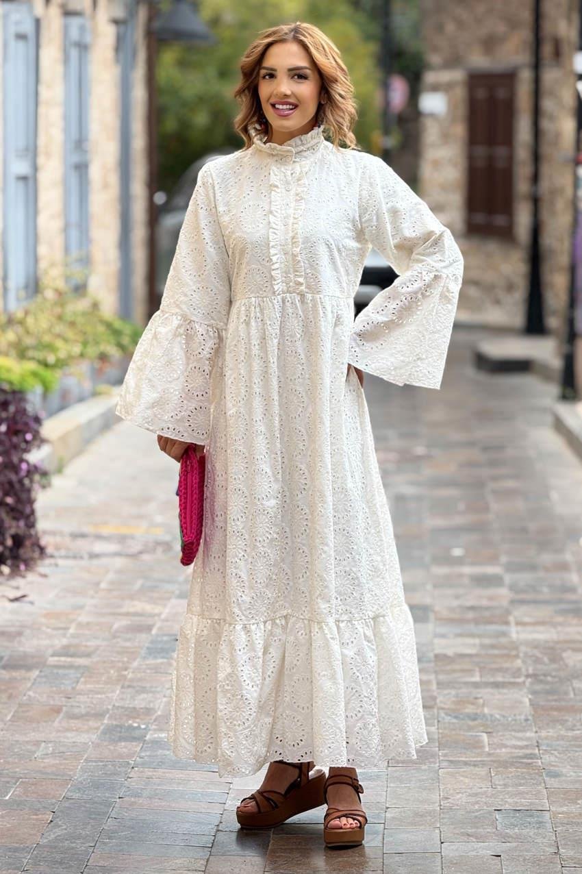 Krem Düşes Fırfırlı Yaka Fistolu Astarlı Elbise