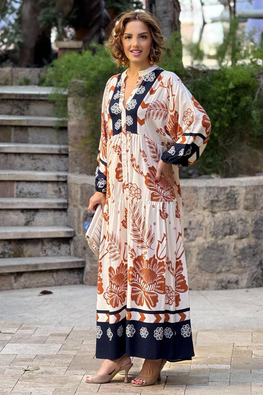 Krem Lacivert Bakır Çiçekli %100 Pamuk Viskon Elbise