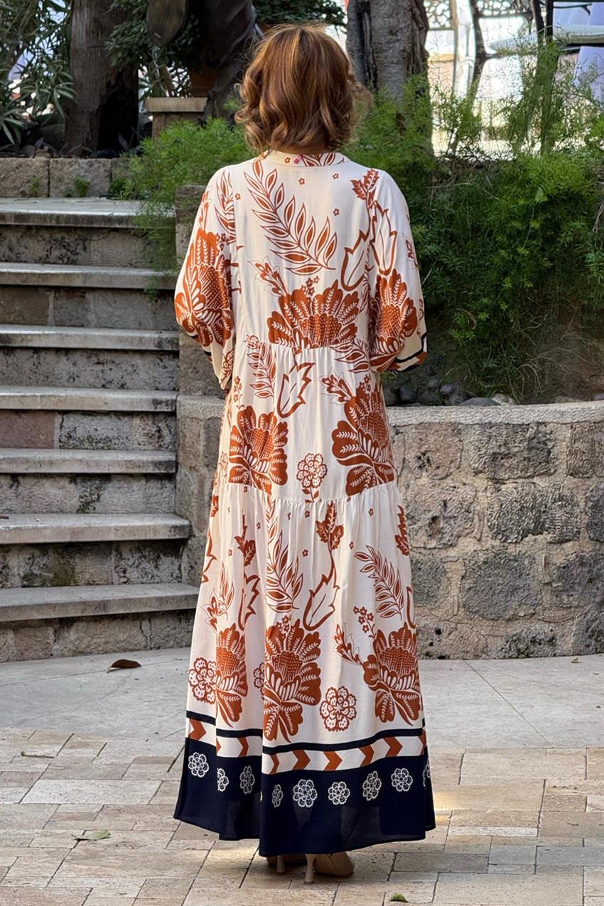 Krem Lacivert Bakır Çiçekli %100 Pamuk Viskon Elbise