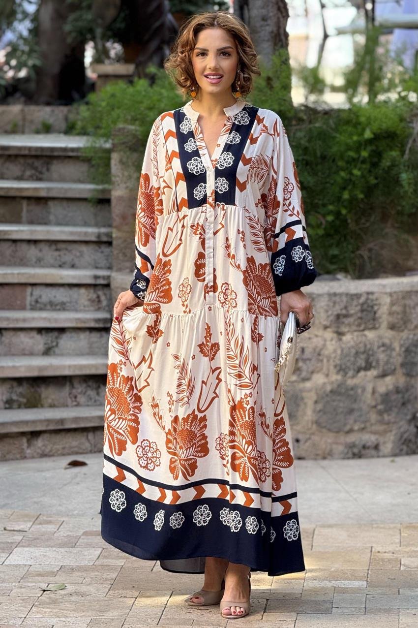 Krem Lacivert Bakır Çiçekli %100 Pamuk Viskon Elbise
