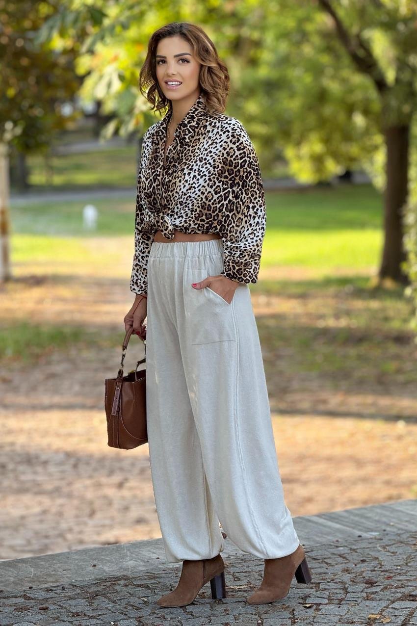 Krem Renk %100 Pamuk Triko Şalvar