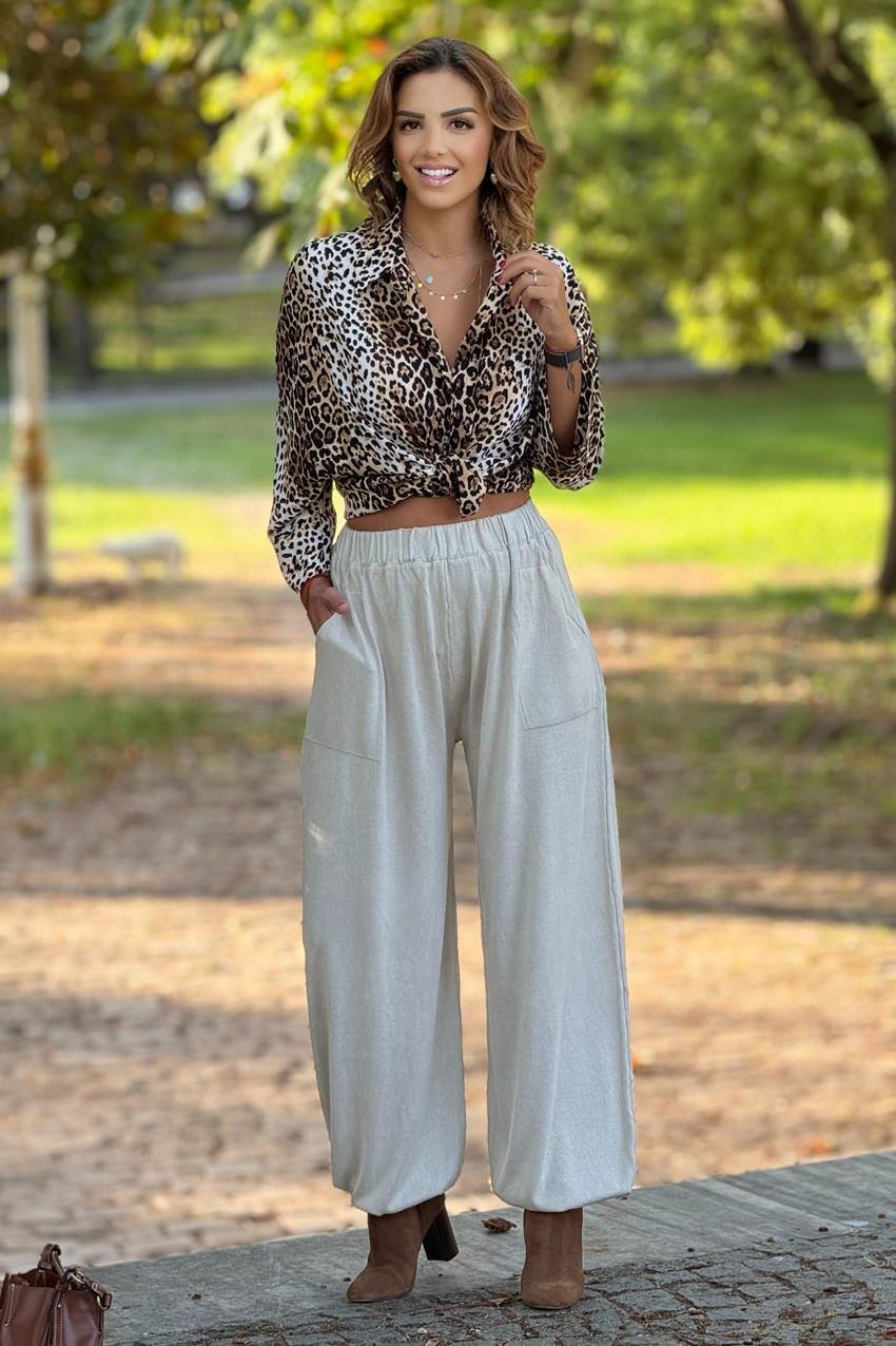 Krem Renk %100 Pamuk Triko Şalvar