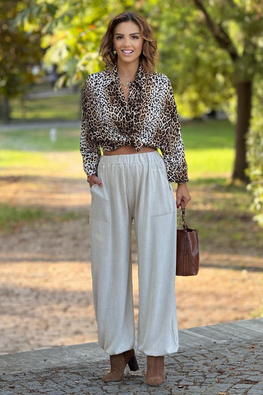 Krem Renk %100 Pamuk Triko Şalvar