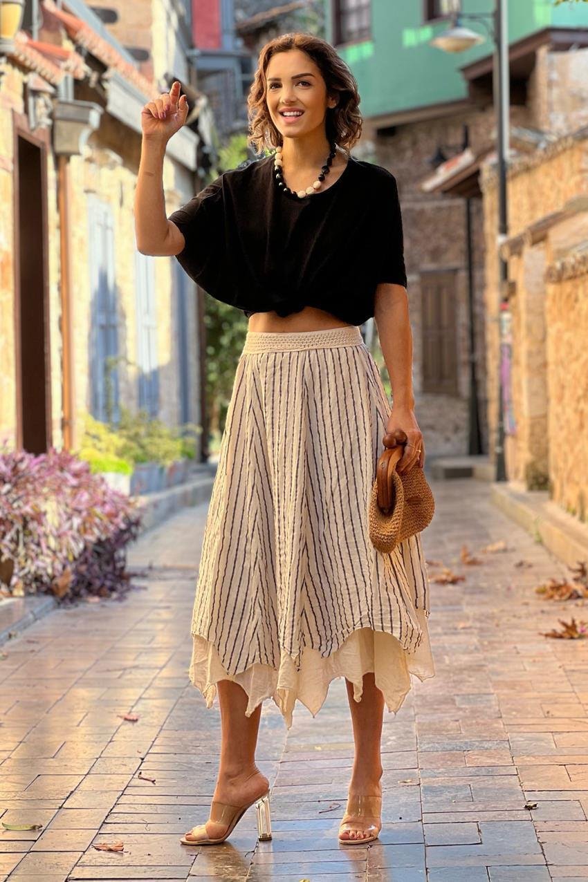 Krem Renk Asimetrik %100 Pamuk Astarlı Etek