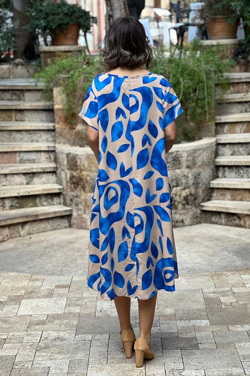 Krem Renk Hare Desenli Elbise