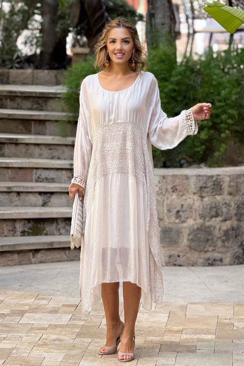 Krem Renk İtalyan İpek Astarlı Elbise