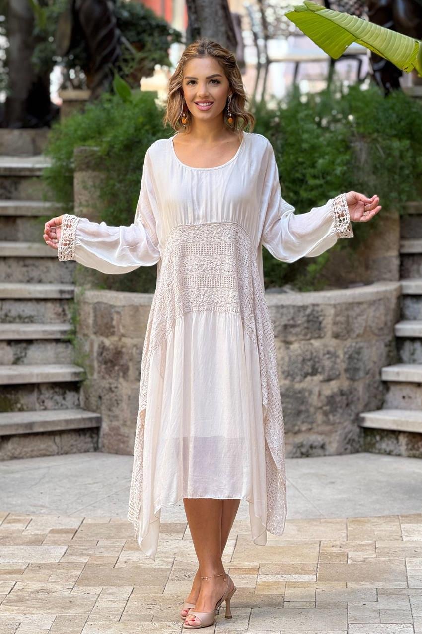 Krem Renk İtalyan İpek Astarlı Elbise