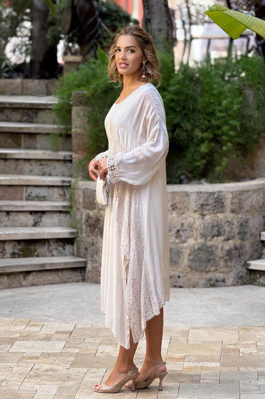 Krem Renk İtalyan İpek Astarlı Elbise