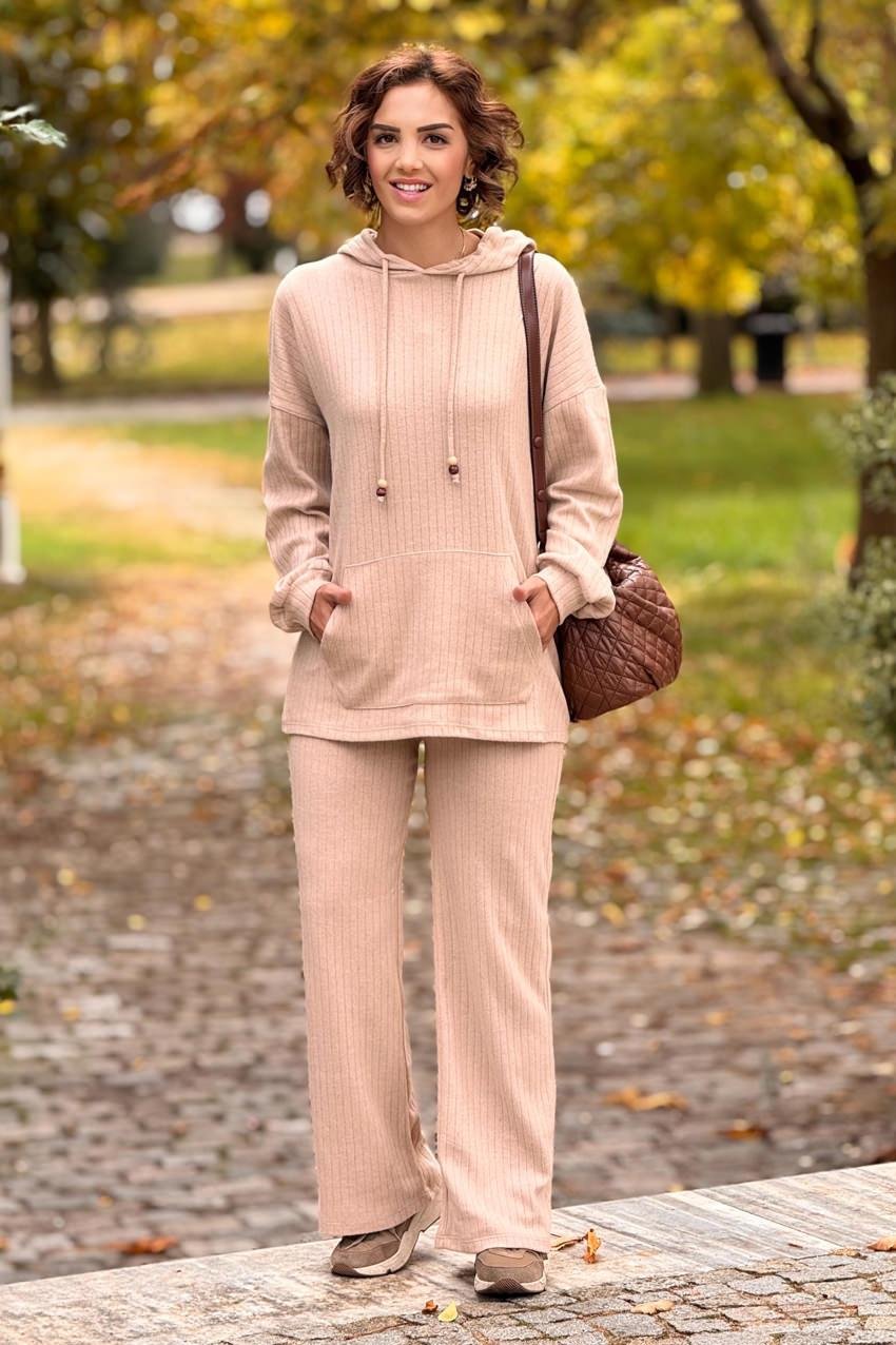 Krem Renk Kanguru Cepli Yün Pamuk İkili Takım