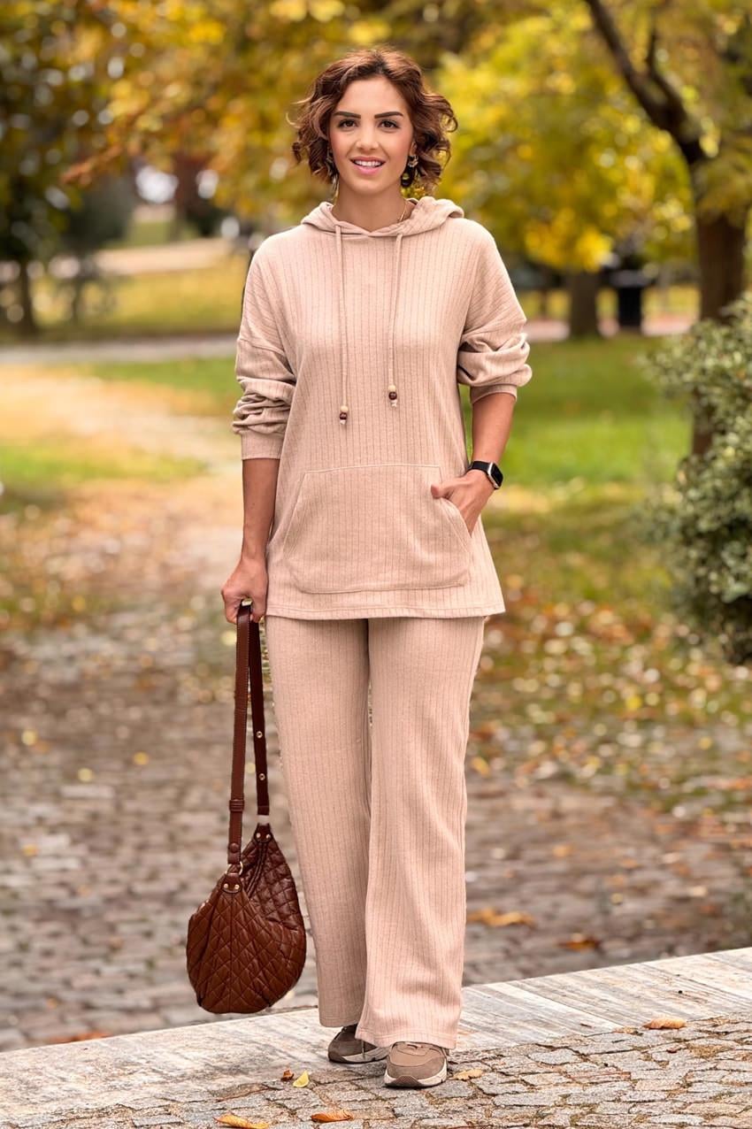 Krem Renk Kanguru Cepli Yün Pamuk İkili Takım