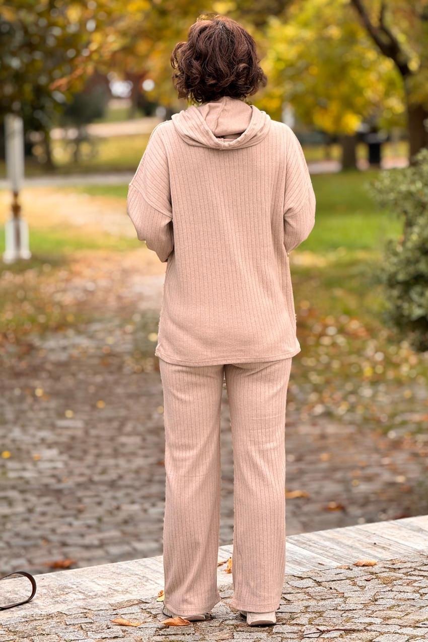 Krem Renk Kanguru Cepli Yün Pamuk İkili Takım