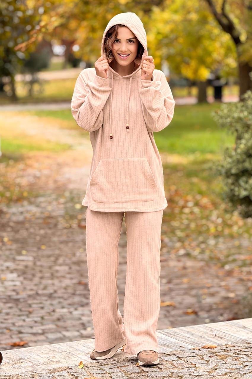 Krem Renk Kanguru Cepli Yün Pamuk İkili Takım