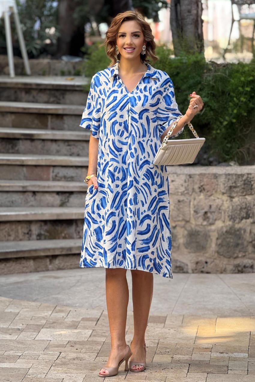 Krem Renk Lal Desen Gömlek Yaka %100 Pamuk Viskon Elbise