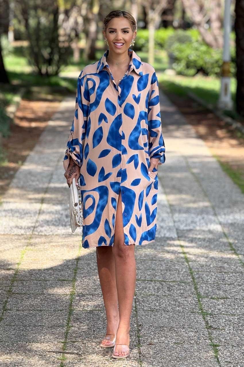 Krem Renk Midi Boy Gömlek Elbise %100 Pamuk Viskon