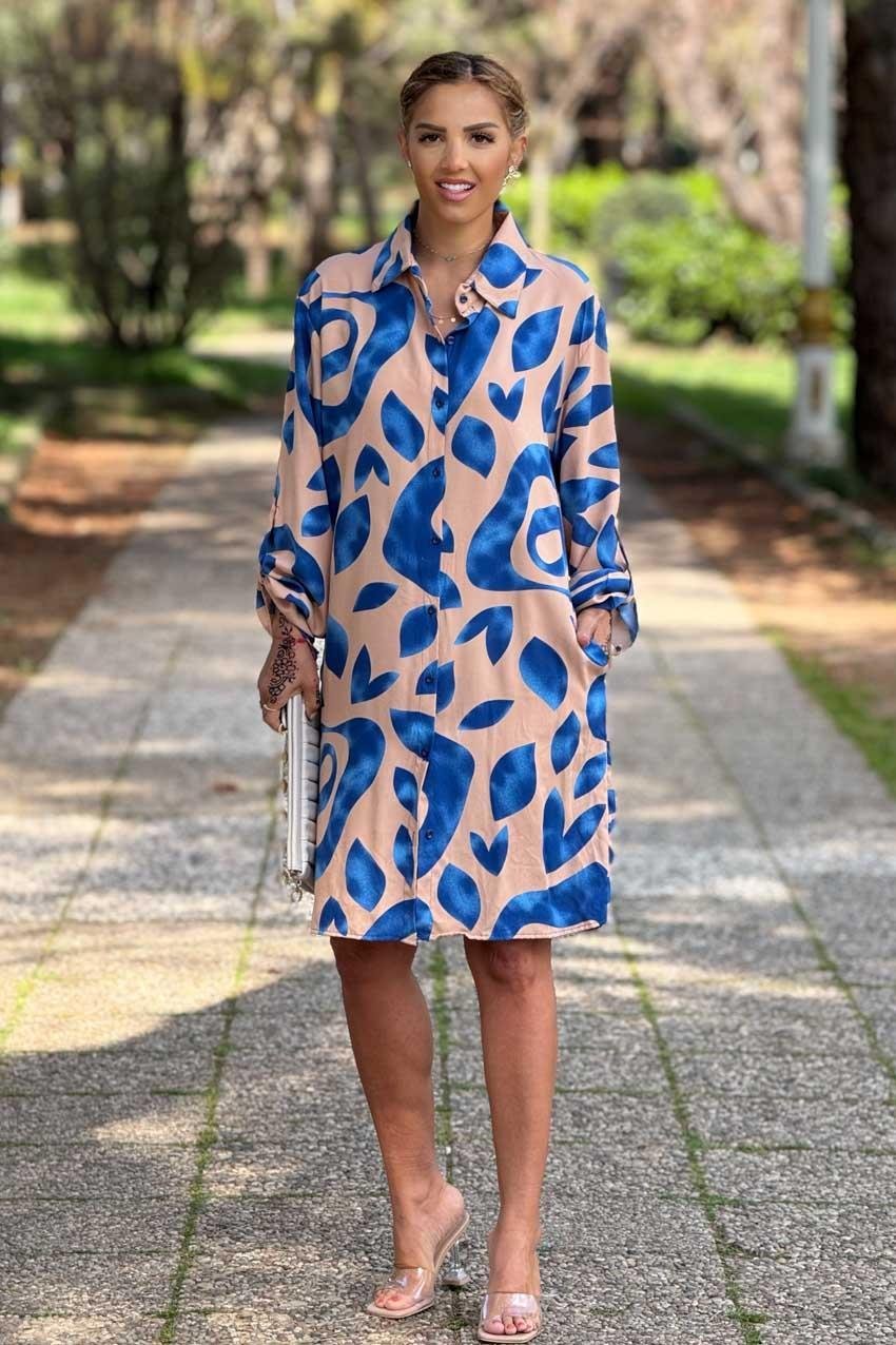 Krem Renk Midi Boy Gömlek Elbise %100 Pamuk Viskon