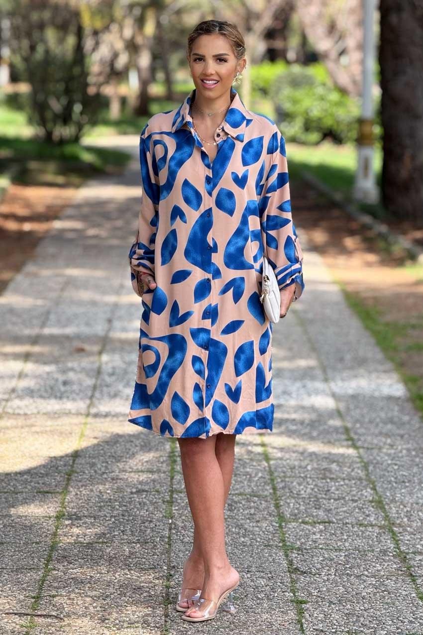 Krem Renk Midi Boy Gömlek Elbise %100 Pamuk Viskon