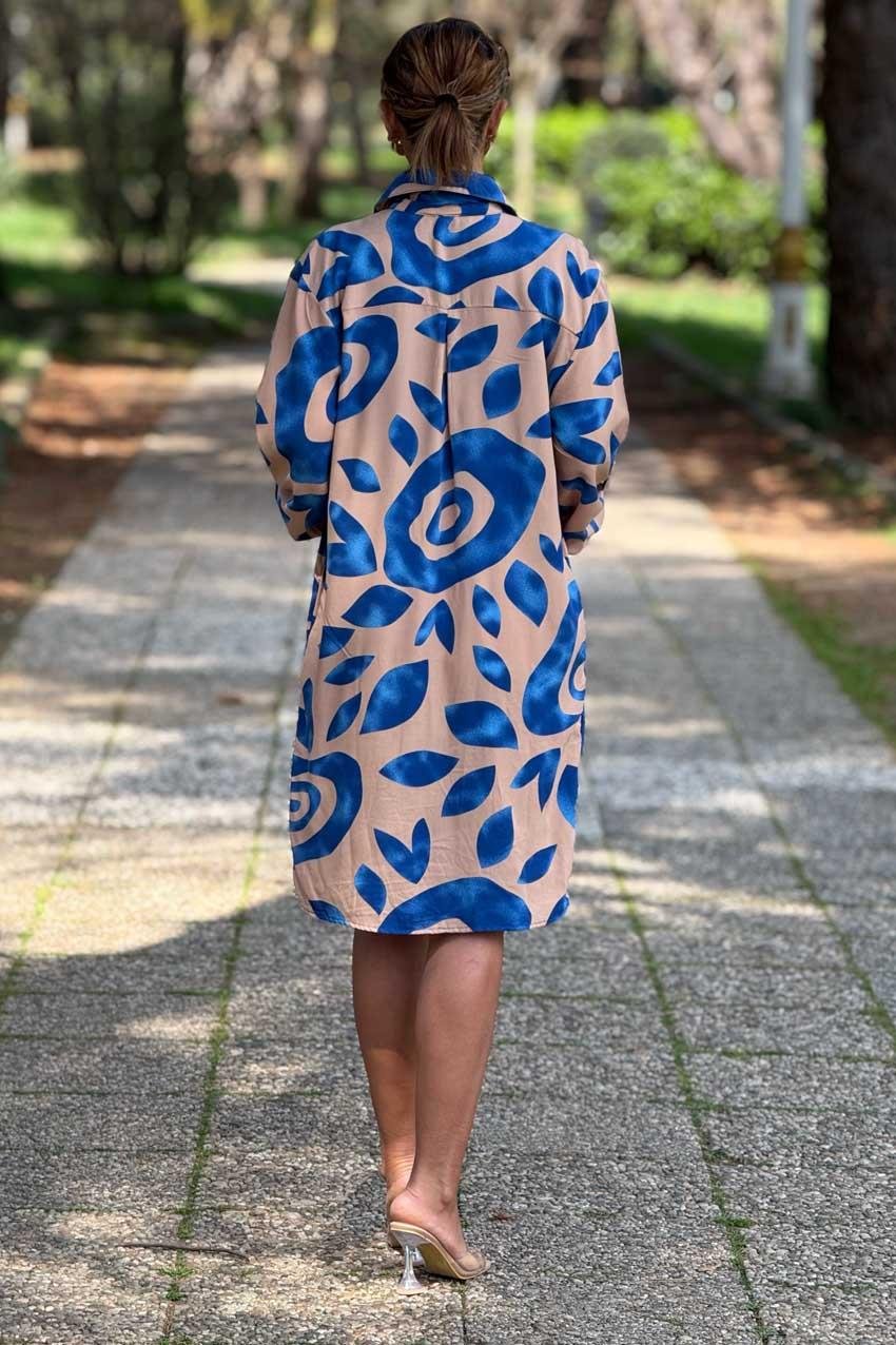 Krem Renk Midi Boy Gömlek Elbise %100 Pamuk Viskon