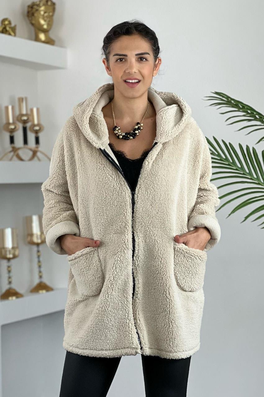 Krem Renk Peluş Mont