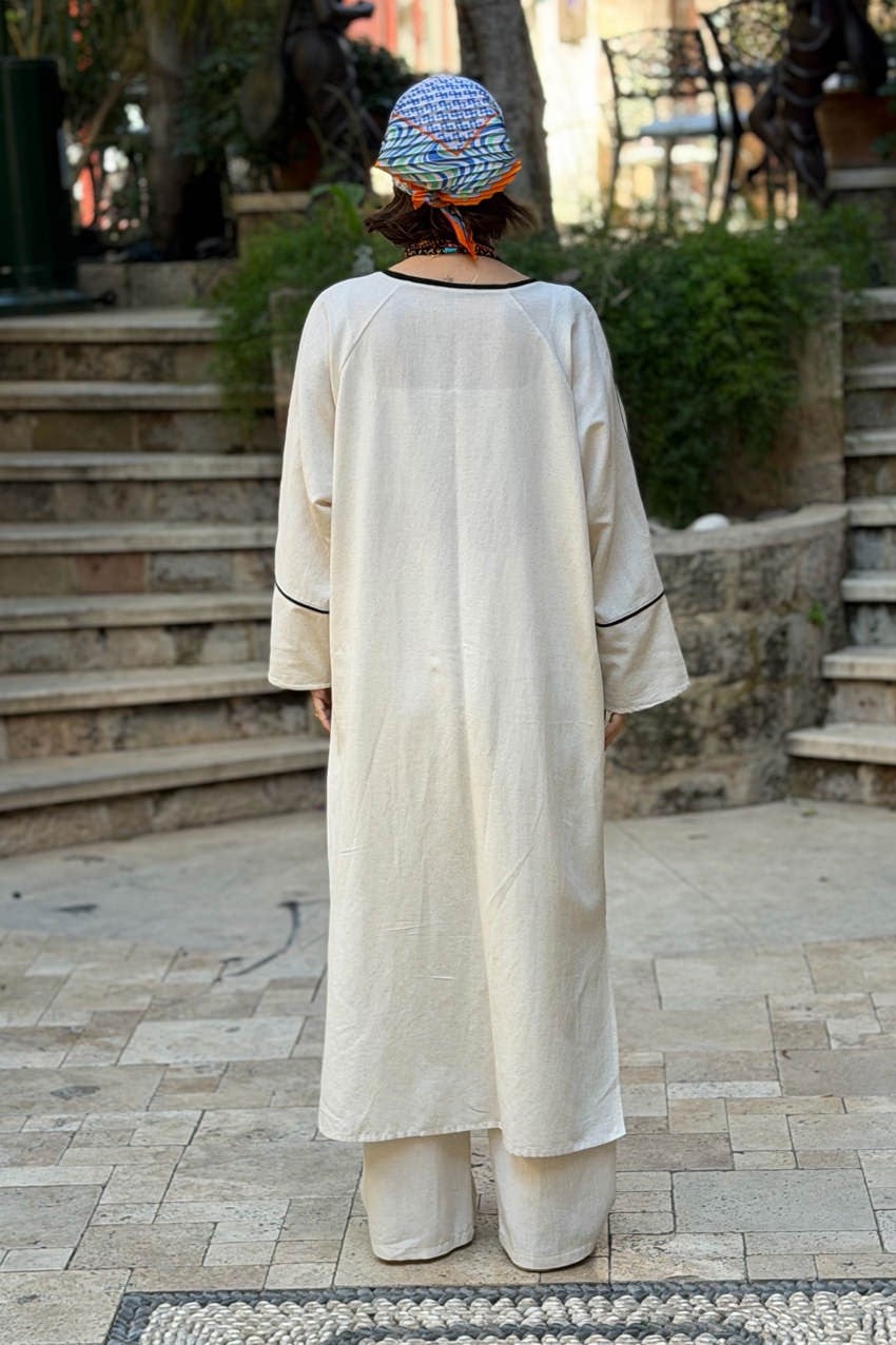 Krem Renk Siyah Bordürlü Keten Kimono Pantolon Takım