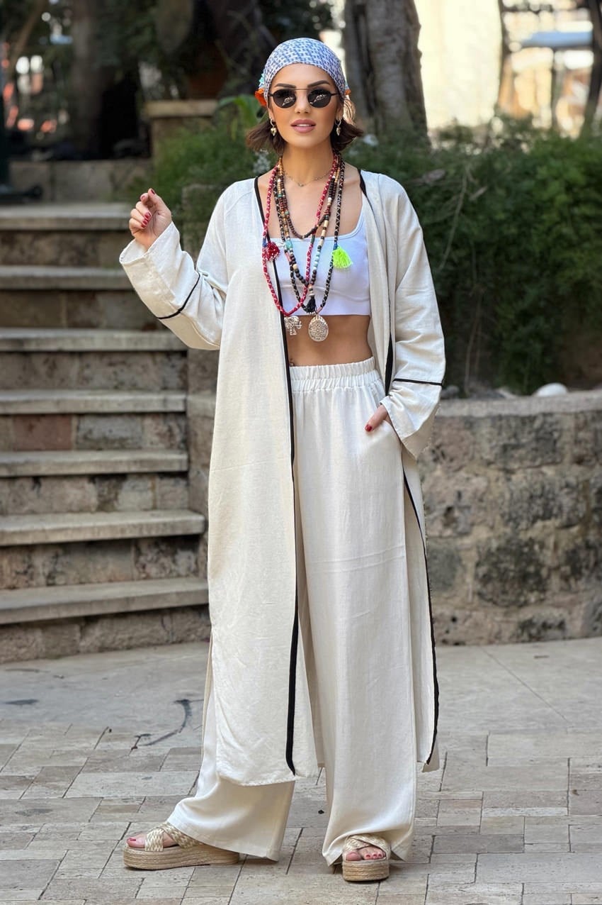 Krem Renk Siyah Bordürlü Keten Kimono Pantolon Takım