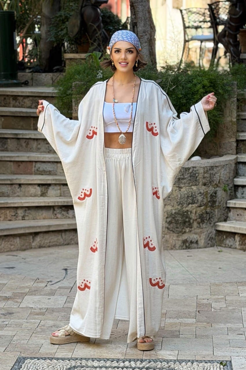 Krem Renk Turuncu Nakışlı Keten Kimono Pantolon Takım