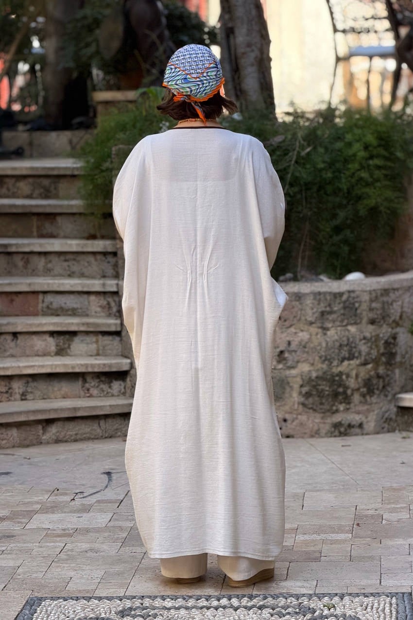 Krem Renk Turuncu Nakışlı Keten Kimono Pantolon Takım