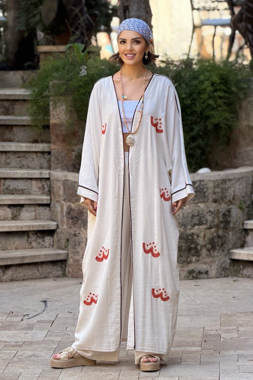 Krem Renk Turuncu Nakışlı Keten Kimono Pantolon Takım