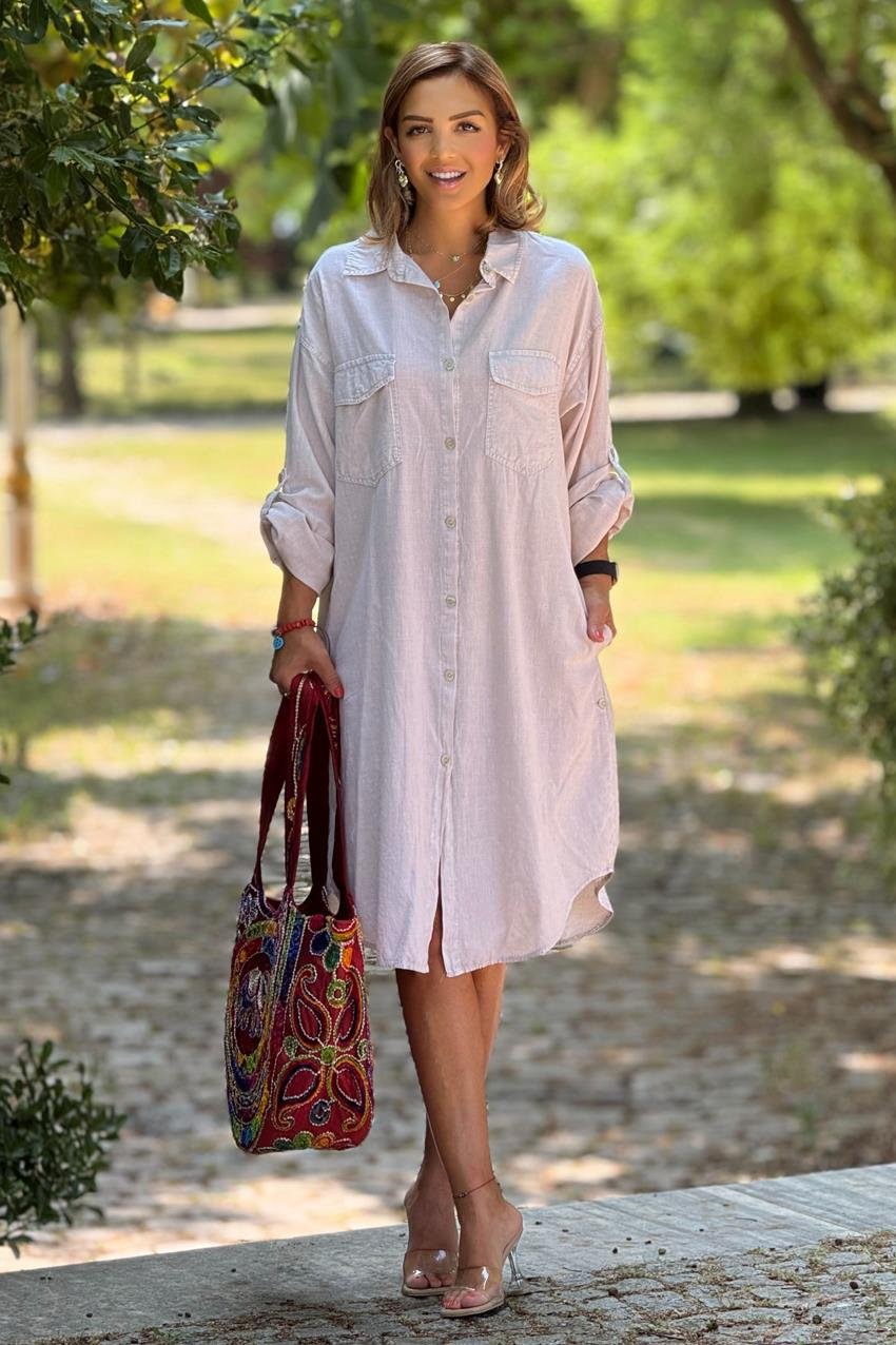 Krem Renk Yazlık Tiril Tiril İnce Kot Elbise