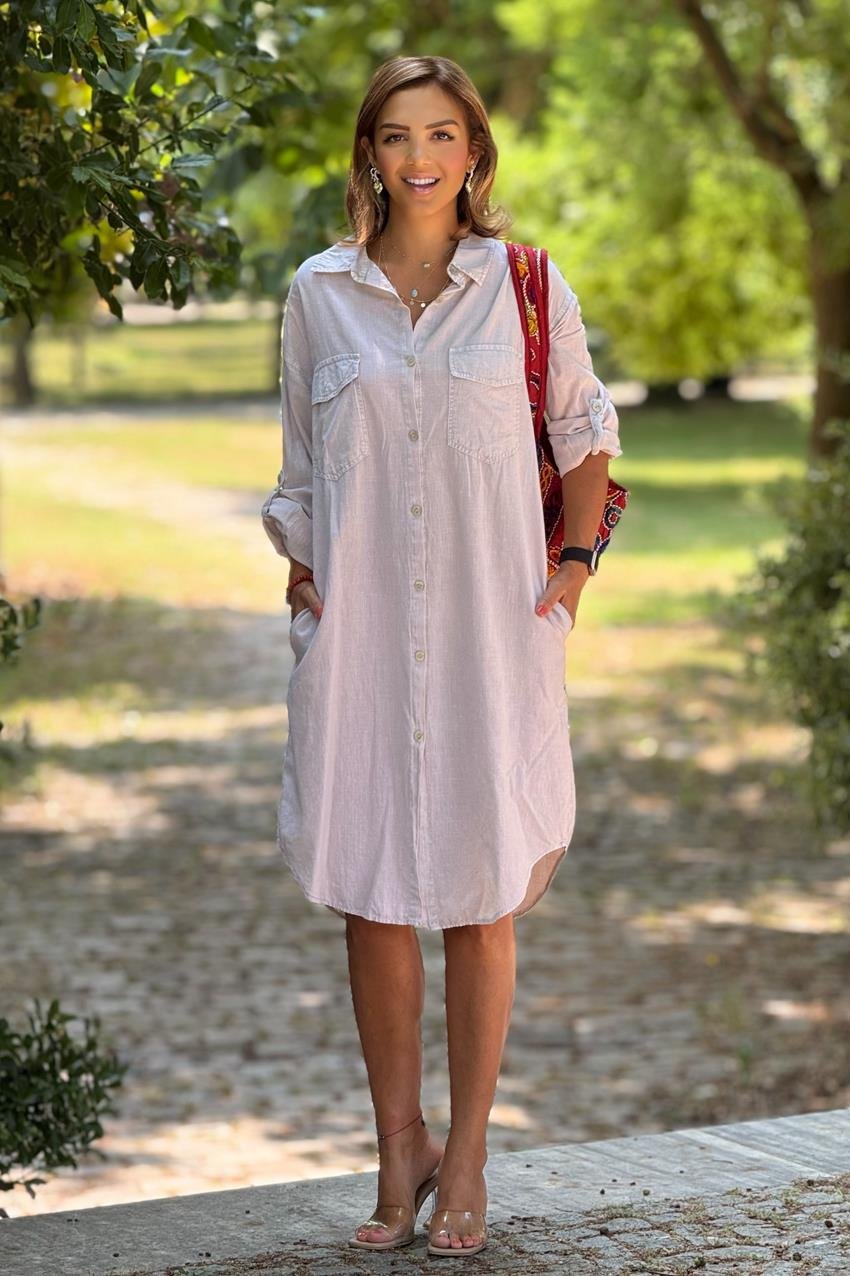 Krem Renk Yazlık Tiril Tiril İnce Kot Elbise