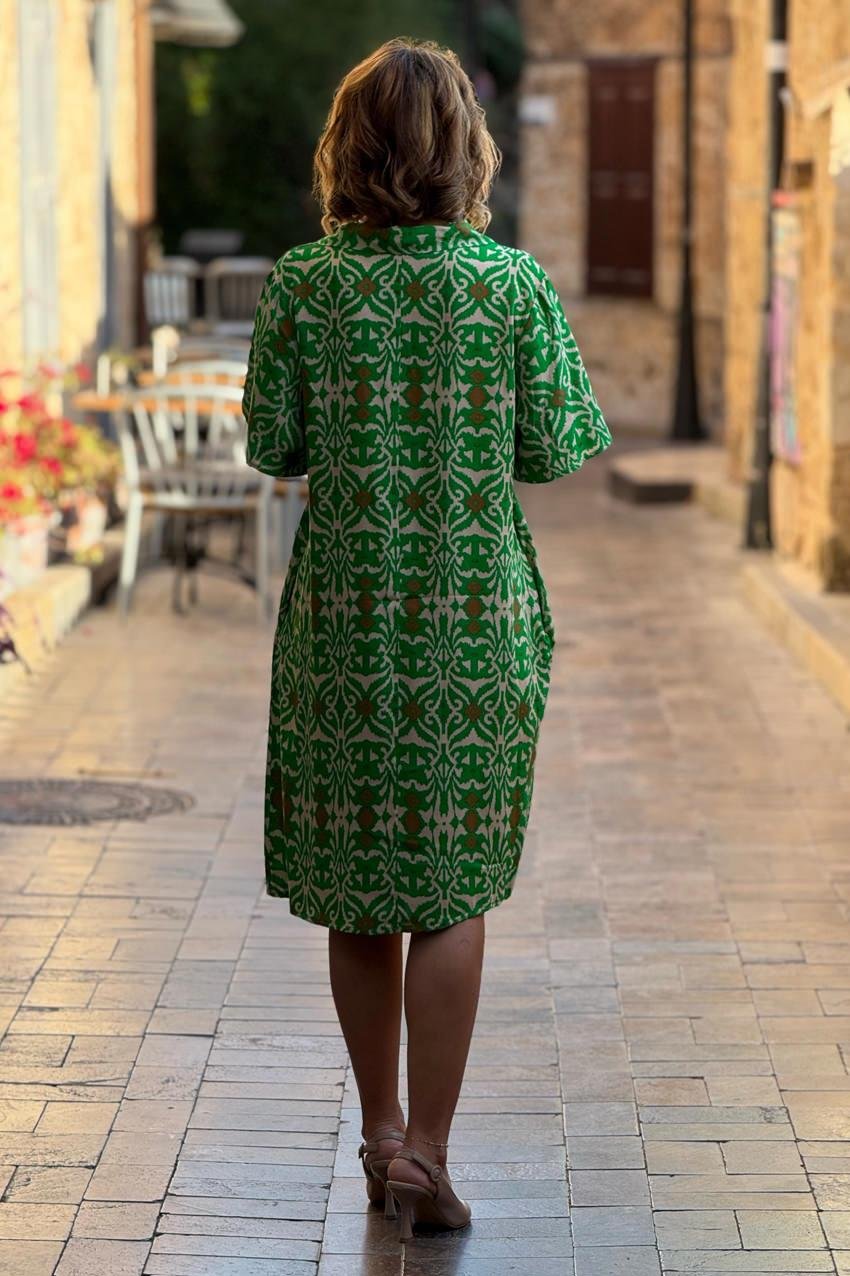Krem Yeşil Kar Tanesi Desenli Gömlek Yaka %100 Pamuk Viskon Elbise
