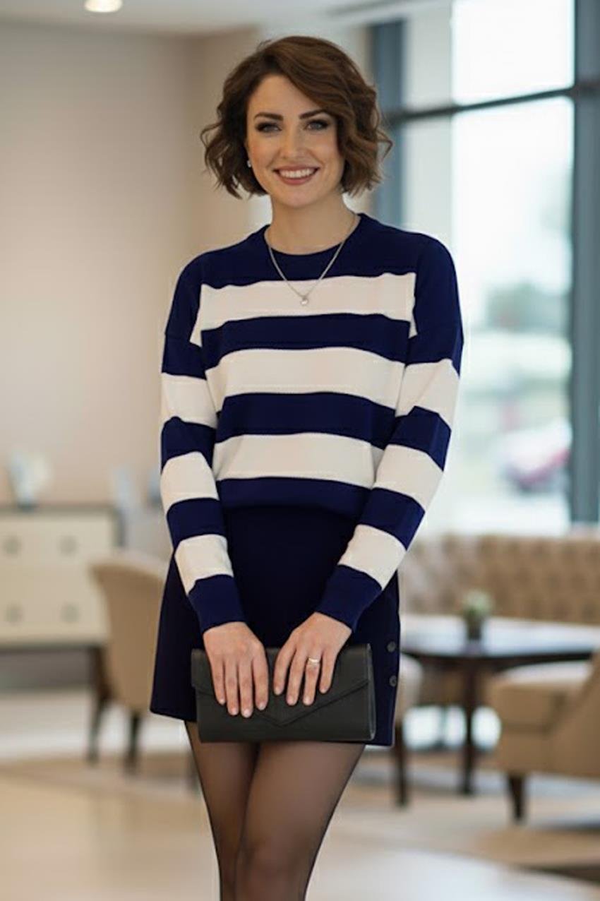 Lacivert Çizgili Kazak