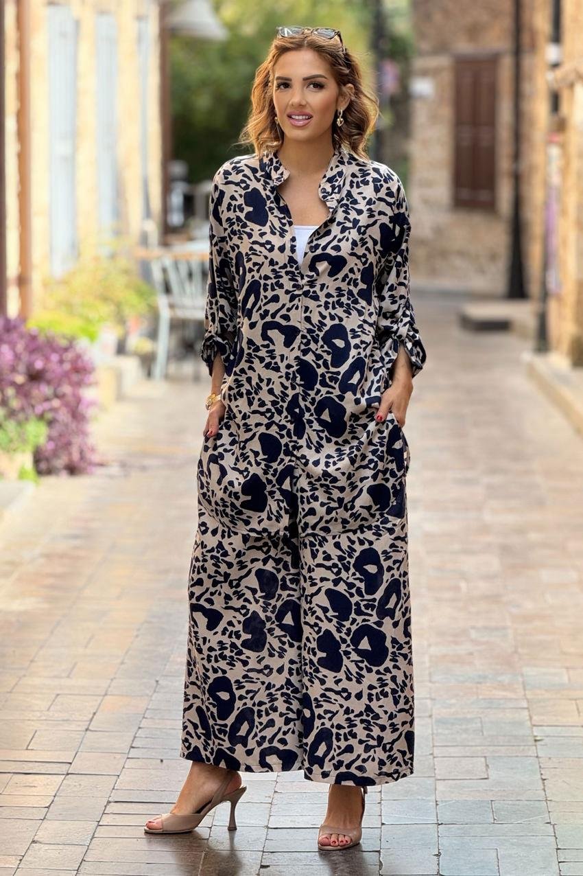 Lacivert Defne Desenli %100 Pamuk Pantolon Gömlek İkili Takım