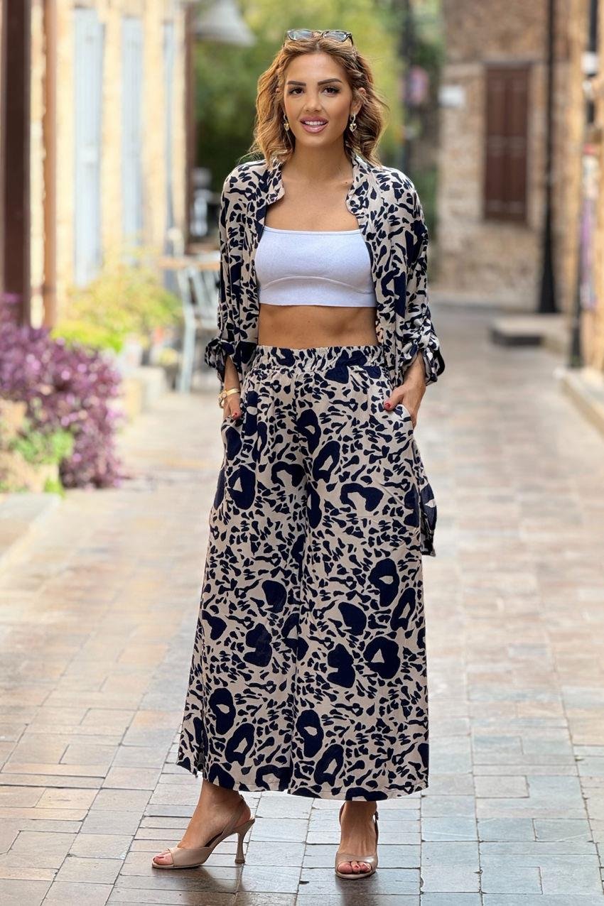 Lacivert Defne Desenli %100 Pamuk Pantolon Gömlek İkili Takım