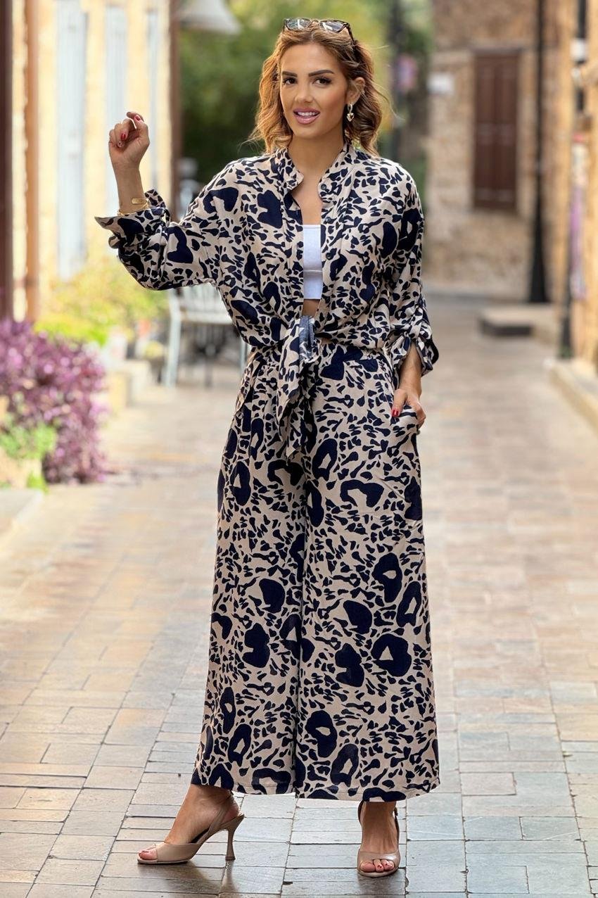 Lacivert Defne Desenli %100 Pamuk Pantolon Gömlek İkili Takım