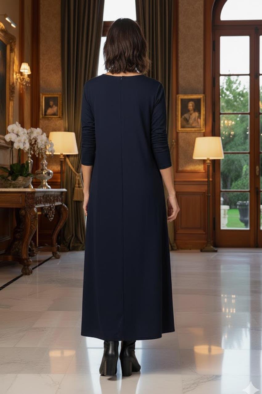 Lacivert Gizli Cepli İnce Gösteren Tok Penye Elbise