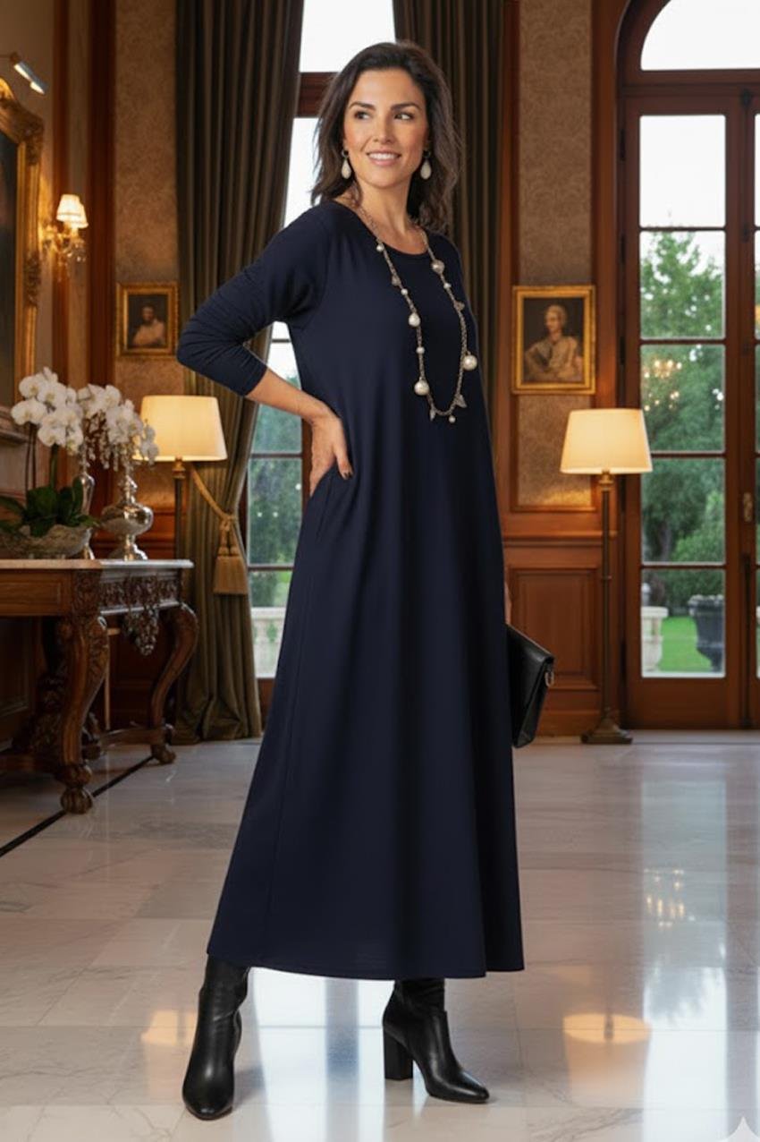 Lacivert Gizli Cepli İnce Gösteren Tok Penye Elbise