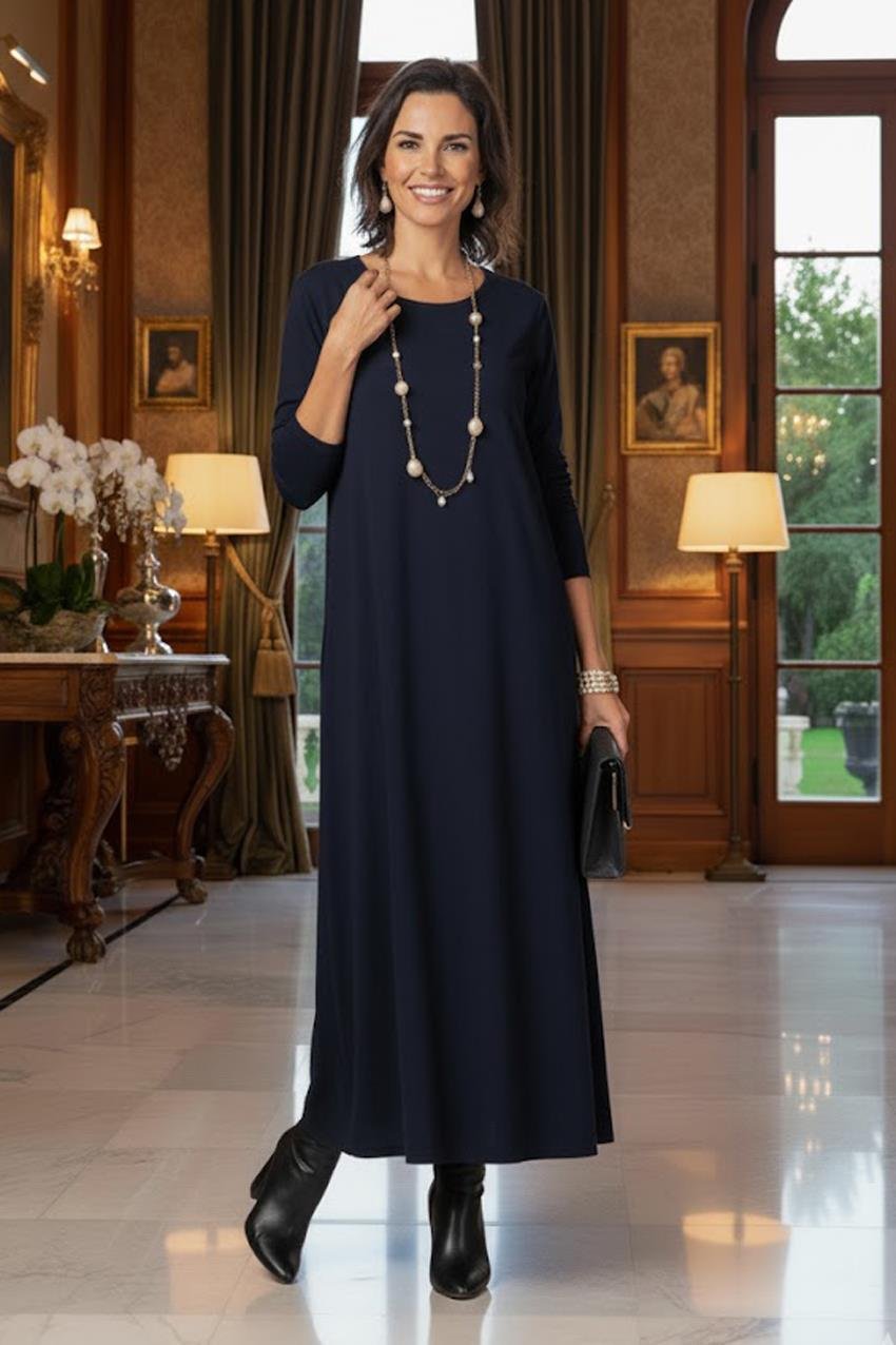 Lacivert Gizli Cepli İnce Gösteren Tok Penye Elbise