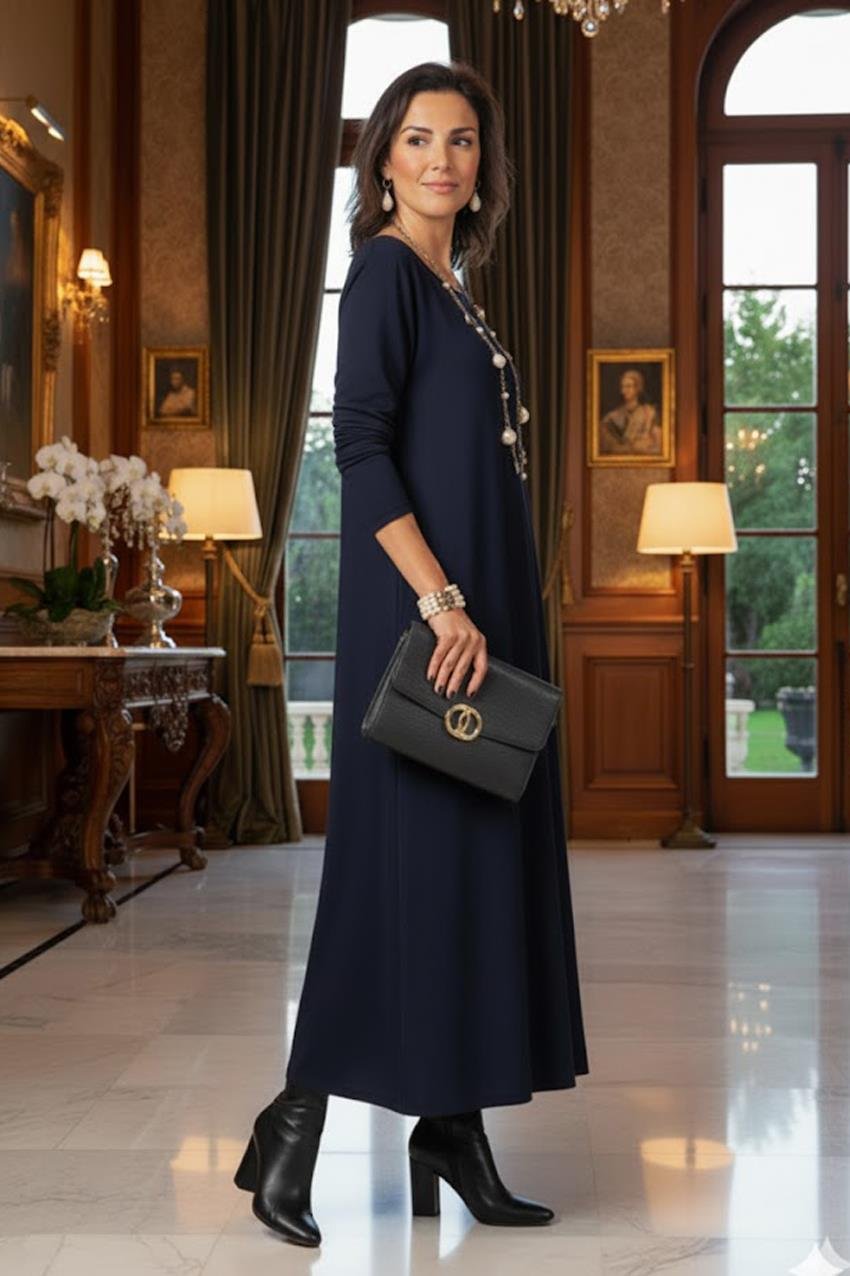 Lacivert Gizli Cepli İnce Gösteren Tok Penye Elbise