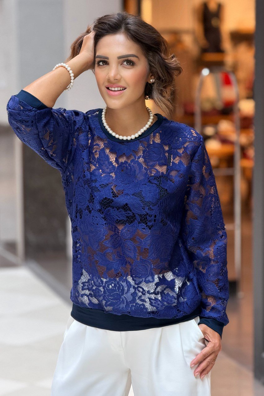 Lacivert Güpürlü Tasarım Sweatshirt