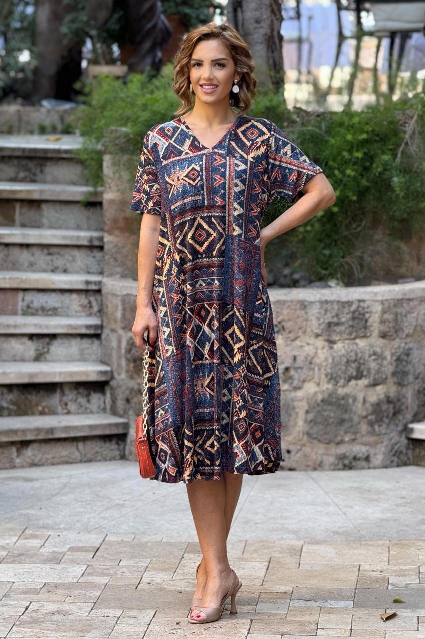 Lacivert Kilim Desenli Pamuklu Elbise