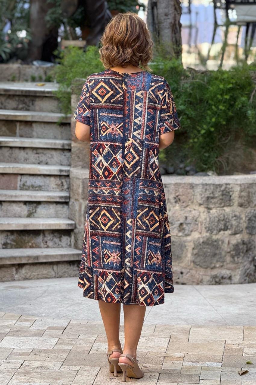 Lacivert Kilim Desenli Pamuklu Elbise