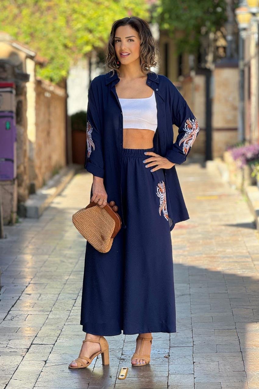 Lacivert Mistik Nakışlı %100 Pamuk Takım