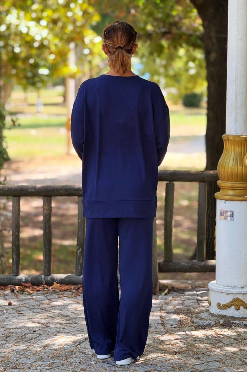 Lacivert Modal Kumaş Pantolon Bluz Takım