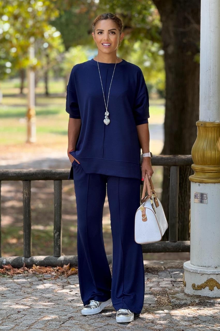 Lacivert Modal Kumaş Pantolon Bluz Takım