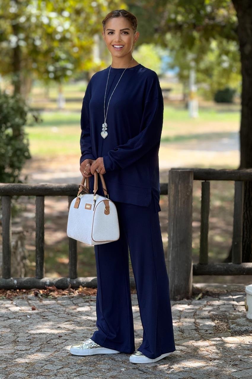 Lacivert Modal Kumaş Pantolon Bluz Takım