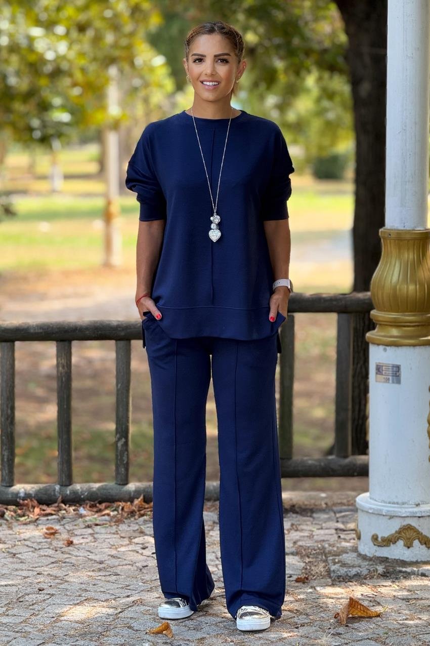 Lacivert Modal Kumaş Pantolon Bluz Takım